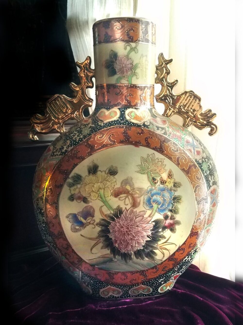 Japanese Satsuma Moon Flask 14" Flowers Butterflies Golden Moriage & Dragons